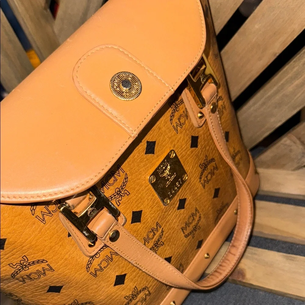 MCM Mini Cognac Leather Tote with Logo Pattern - Picture 11 of 16